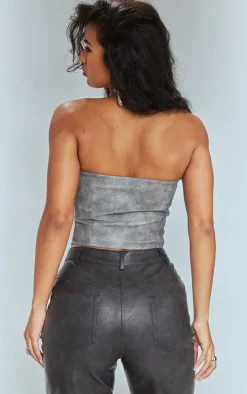 Charcoal Washed Faux Leather Hook And Eye Structured Corset
