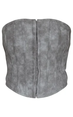 Charcoal Washed Faux Leather Hook And Eye Structured Corset
