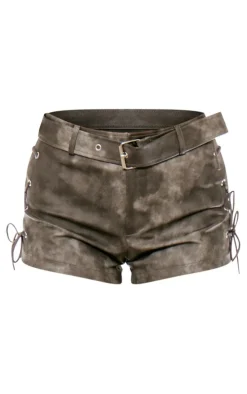 Charcoal Washed Faux Leather Belt Detail Low Rise Hot Pants