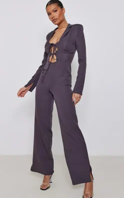 Charcoal Woven Bust Tie Detail Split Hem Blazer Style Jumpsuit