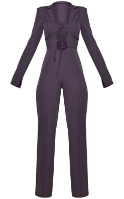 Charcoal Woven Bust Tie Detail Split Hem Blazer Style Jumpsuit