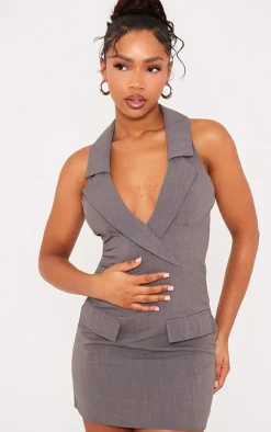 Charcoal Woven Halter Neck Pocket Detail Mini Dress