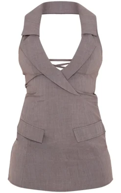 Charcoal Woven Halter Neck Pocket Detail Mini Dress