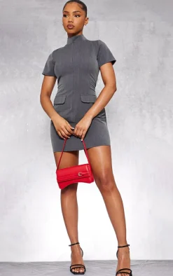 Charcoal Woven High Neck Pocket Bodycon Dress