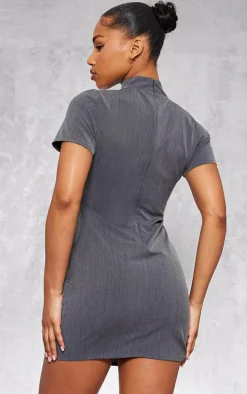 Charcoal Woven High Neck Pocket Bodycon Dress