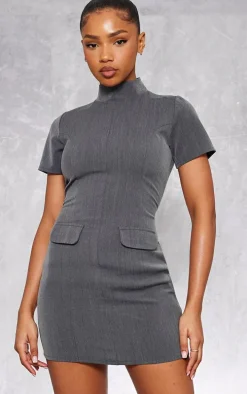 Charcoal Woven High Neck Pocket Bodycon Dress