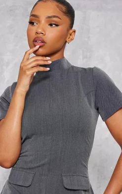 Charcoal Woven High Neck Pocket Bodycon Dress