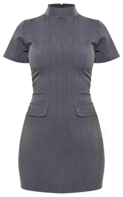 Charcoal Woven High Neck Pocket Bodycon Dress