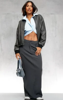 Charcoal Woven Split Back Maxi Skirt