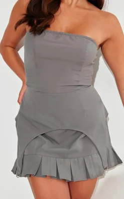 Charcoal Woven Stirrup Pleated Bodycon Dress