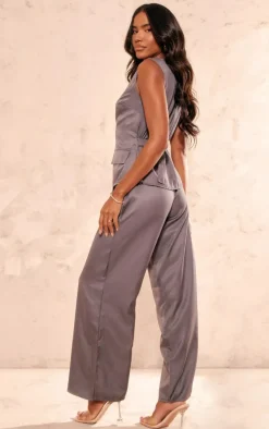 Charcoal Woven Vest Tailored Wide Leg Jumpsuit