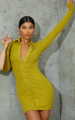 Chartreuse Brushed Rib Long Sleeve Ruched Shirt Dress