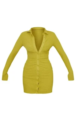 Chartreuse Brushed Rib Long Sleeve Ruched Shirt Dress