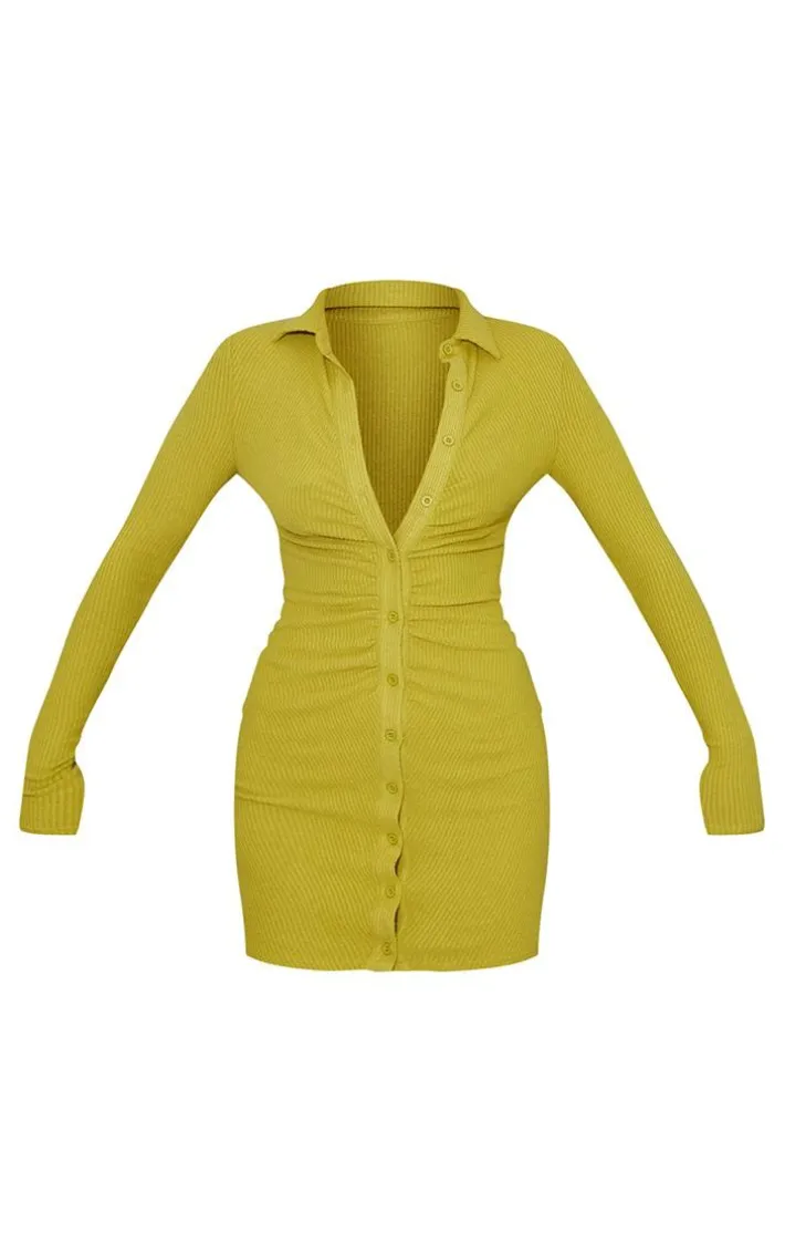Chartreuse Brushed Rib Long Sleeve Ruched Shirt Dress