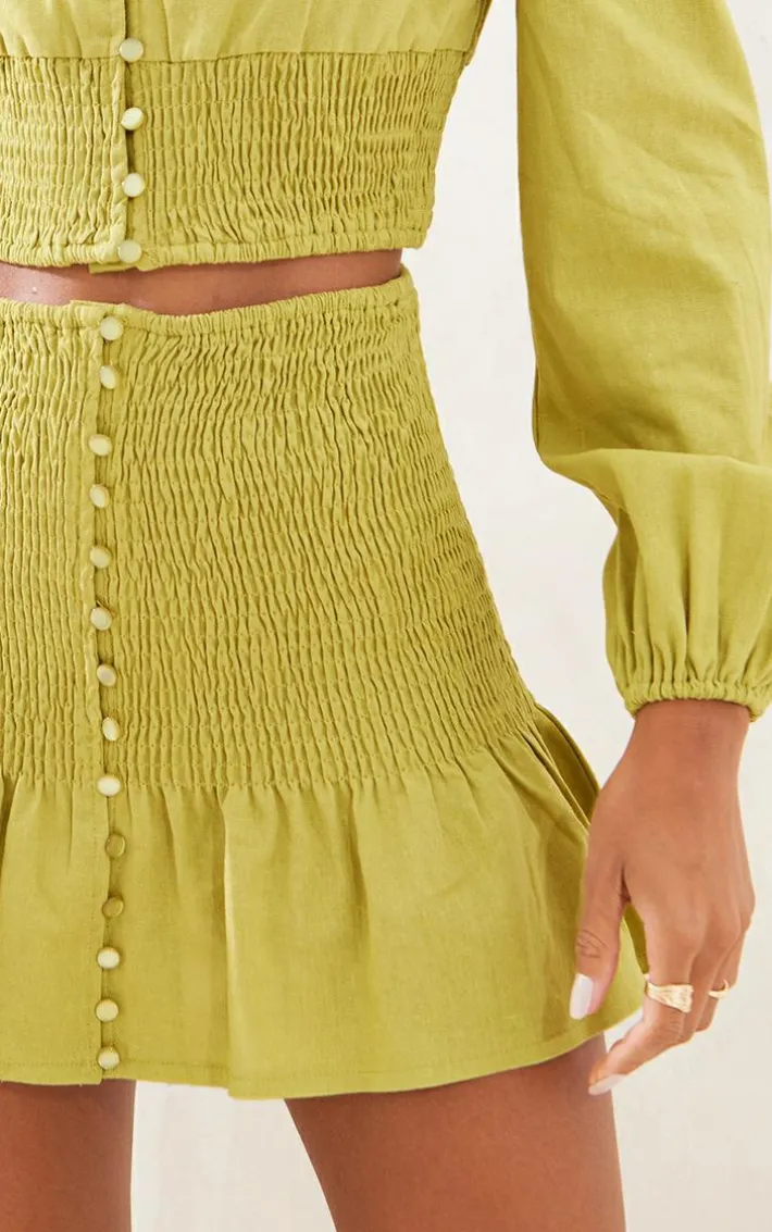 Chartreuse Linen Look Button Up Shirred Mini Skirt