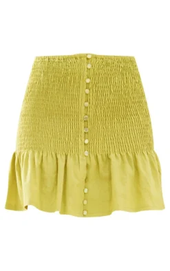 Chartreuse Linen Look Button Up Shirred Mini Skirt