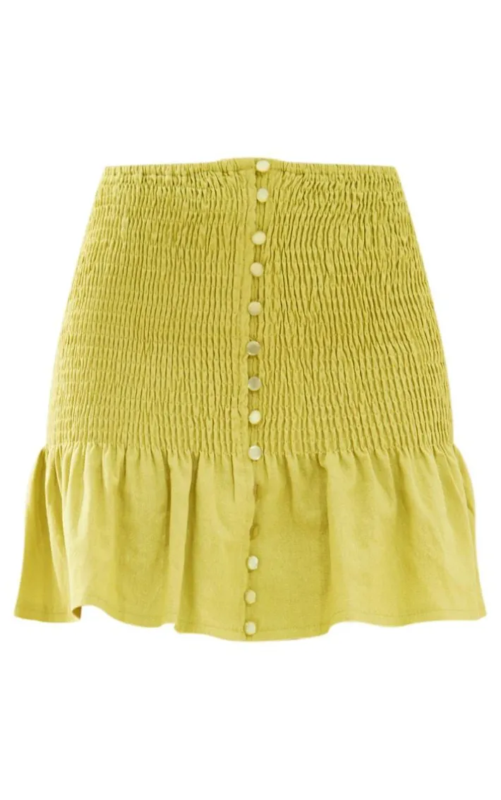 Chartreuse Linen Look Button Up Shirred Mini Skirt
