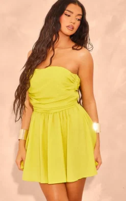 Chartreuse Linen Look Pleated Shift Dress