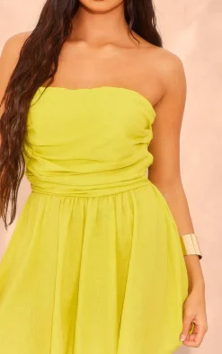 Chartreuse Linen Look Pleated Shift Dress