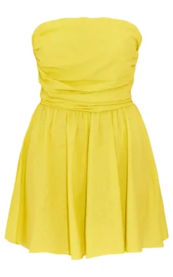 Chartreuse Linen Look Pleated Shift Dress