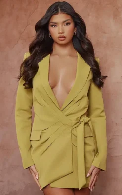 Chartreuse Plunge Tie Blazer Dress