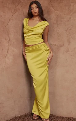 Chartreuse Satin Cowl Neck Top