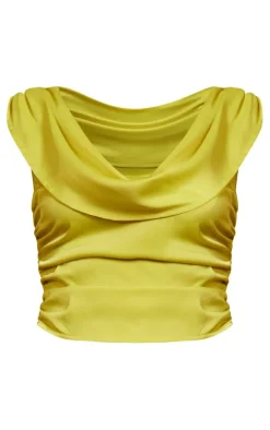 Chartreuse Satin Cowl Neck Top
