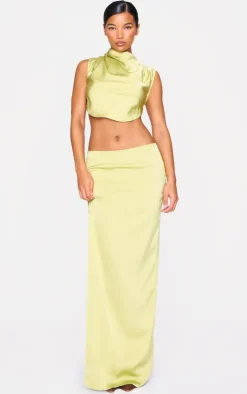 Chartreuse Satin Mid Rise Maxi Skirt