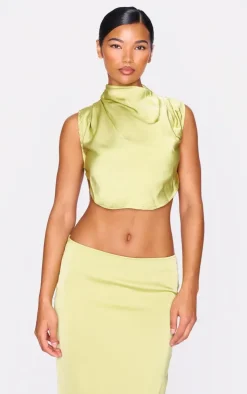Chartreuse Satin Tie Side High Neck Cowl Crop Top