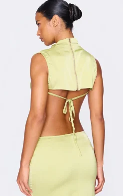 Chartreuse Satin Tie Side High Neck Cowl Crop Top