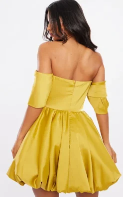 Chartreuse Satin V Bar Plunge Bardot Puff Ball Dress