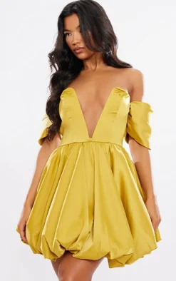 Chartreuse Satin V Bar Plunge Bardot Puff Ball Dress