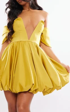 Chartreuse Satin V Bar Plunge Bardot Puff Ball Dress