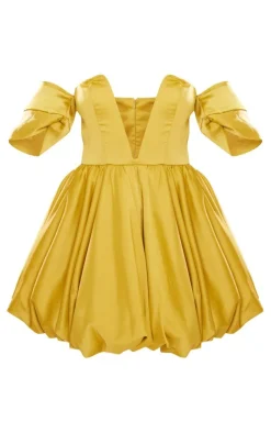 Chartreuse Satin V Bar Plunge Bardot Puff Ball Dress