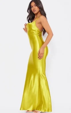 Chartreuse Stretch Satin Cowl Neck Low Back Maxi Dress