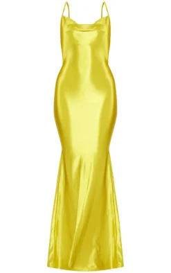 Chartreuse Stretch Satin Cowl Neck Low Back Maxi Dress