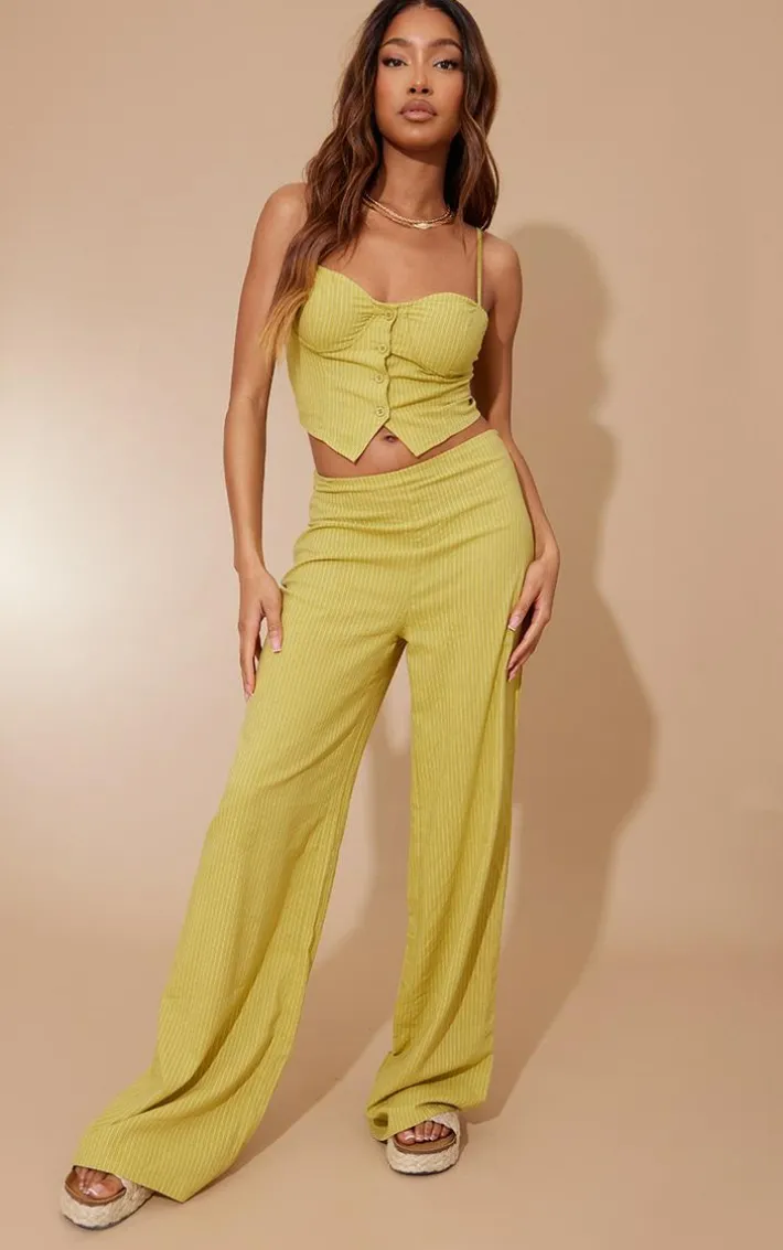 Chartreuse Stripe Linen Look Straight Leg Pants