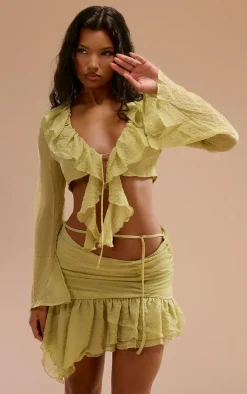 Chartreuse Textured Chiffon Ruffle Tie Front Blouse