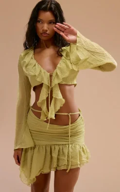 Chartreuse Textured Chiffon Ruffle Hem Mini Skirt