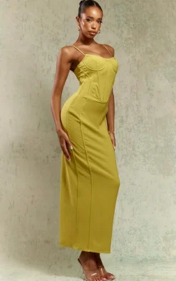 Chartreuse Textured Corset Strappy Midaxi Dress