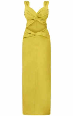 Chartreuse Woven Cut Out Knot Front Detail Capped Sleeve Maxi Dress