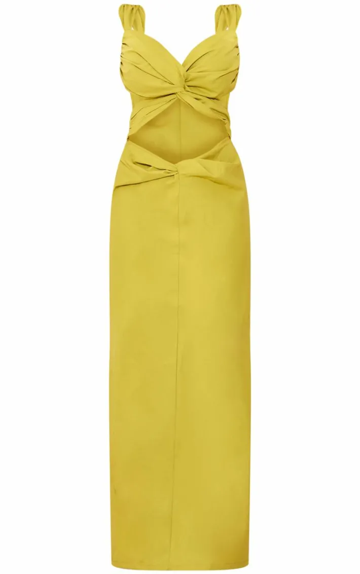 Chartreuse Woven Cut Out Knot Front Detail Capped Sleeve Maxi Dress