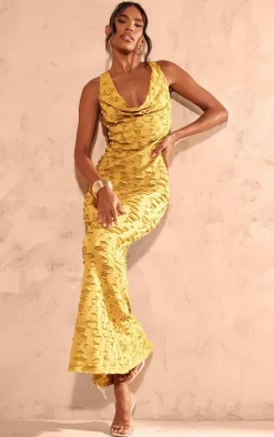 Chartreuse Woven Textured Cowl Neck Maxi Dress