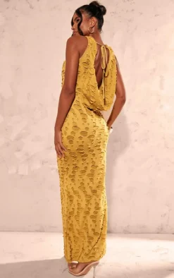 Chartreuse Woven Textured Cowl Neck Maxi Dress