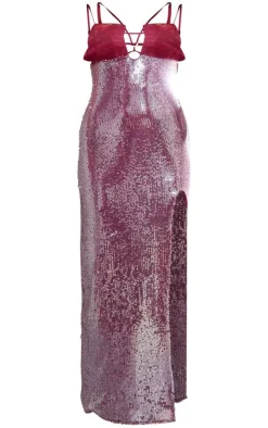 Cherry Red Chiffon Bust Detail Sequin Split Maxi Dress