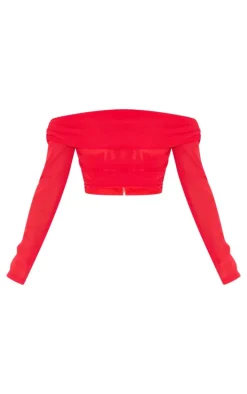 Cherry Red Chiffon Off The Shoulder Long Sleeve Crop Top