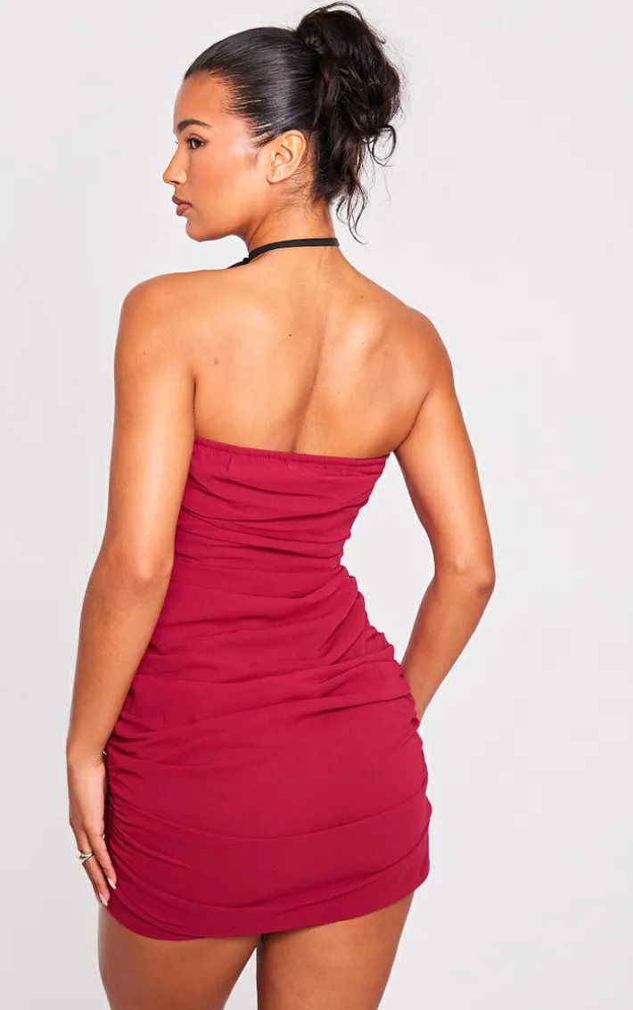 Cherry Red Chiffon Rose Trim Deep V Bar Bandeau Bodycon Dress