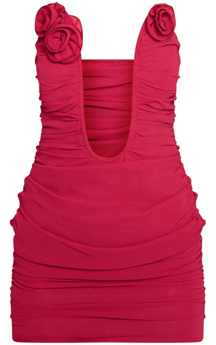 Cherry Red Chiffon Rose Trim Deep V Bar Bandeau Bodycon Dress