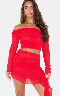 Cherry Red Chiffon Ruffled Draped Detail Mini Skirt