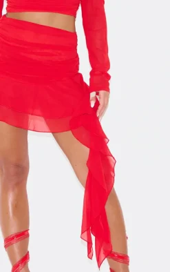 Cherry Red Chiffon Ruffled Draped Detail Mini Skirt